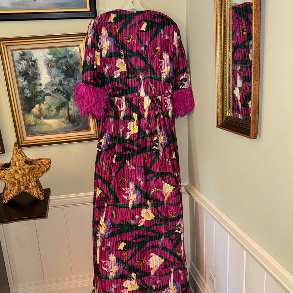 Andrew GN Gown Flowers & Butterflies 🦋 Floral Maxi Dress Feather Sleeves L 46 - Picture 2 of 8